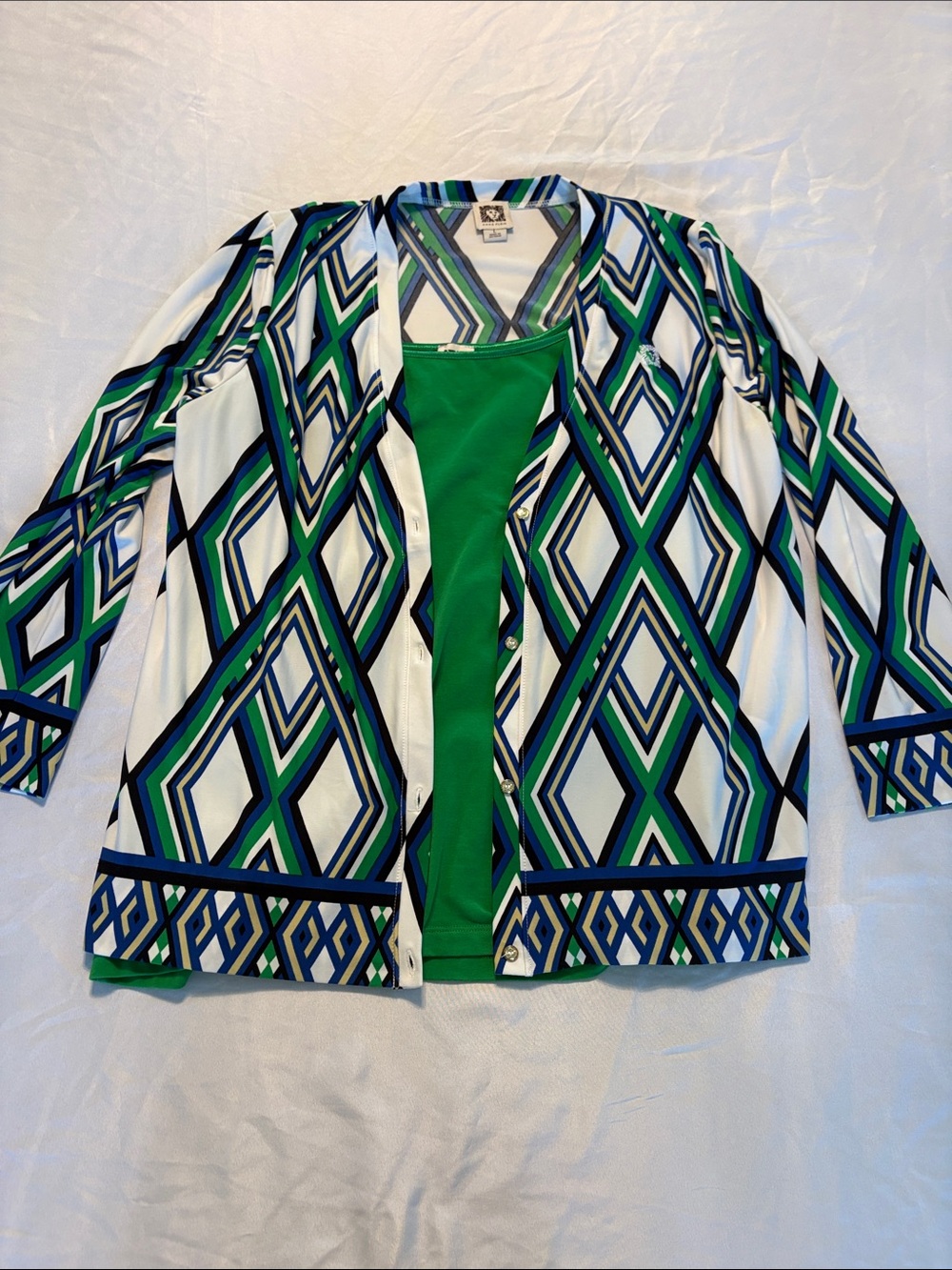 Anne Klein Geometric Cardigan Set with Green Tank Top